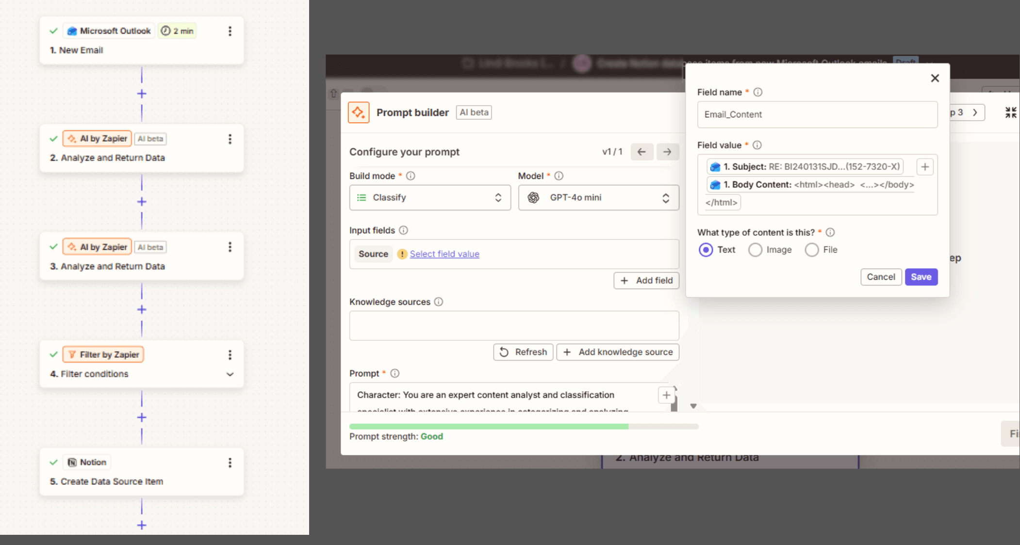 Zapier workflow: Outlook trigger + AI steps + filter + Notion create item