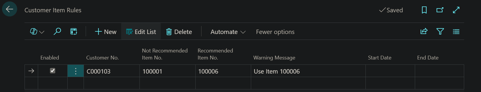 Customer Item Rules admin page
