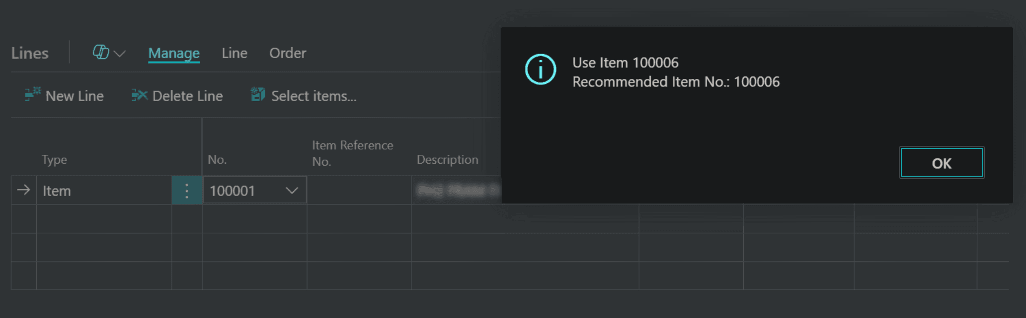 Warning popup shown on sales order line