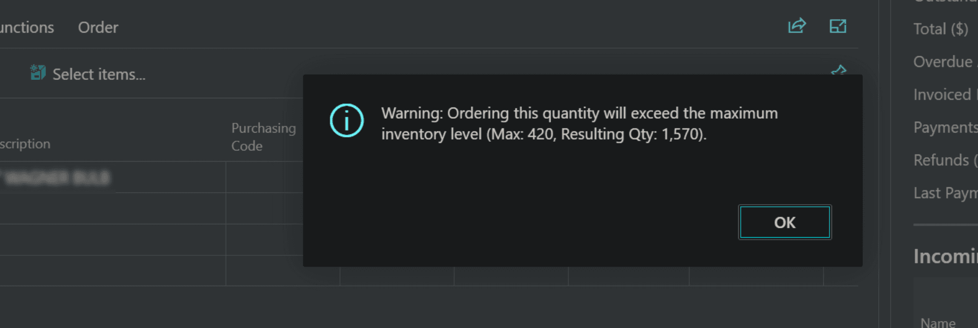 Max stock warning message