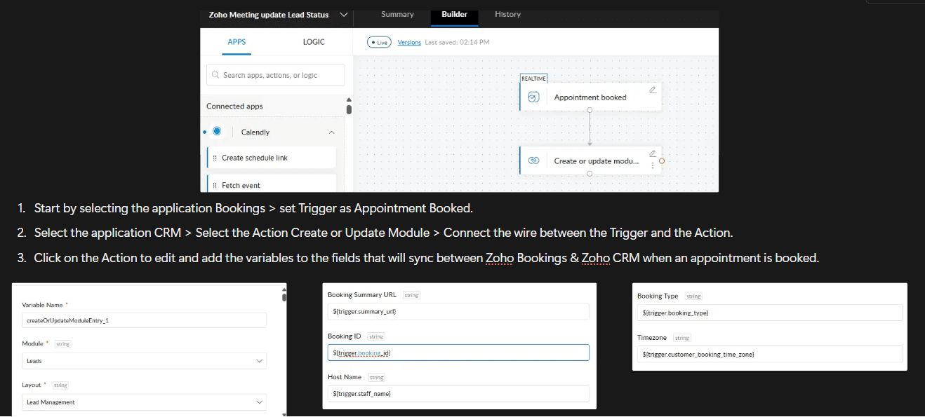 Zoho Flow setup connecting Zoho Bookings appointment booked trigger to Zoho CRM create/update
