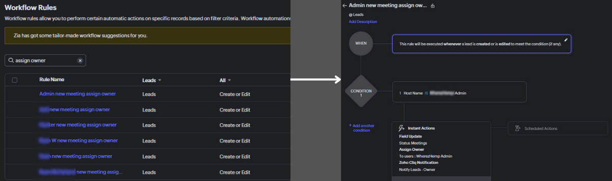Zoho CRM workflow rules and assignment configuration for new meeting bookings
