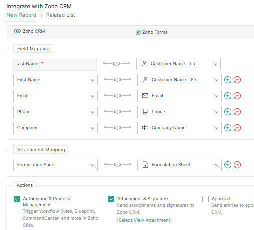 Zoho Forms to Zoho CRM integration field mapping (lead fields + attachment mapping)