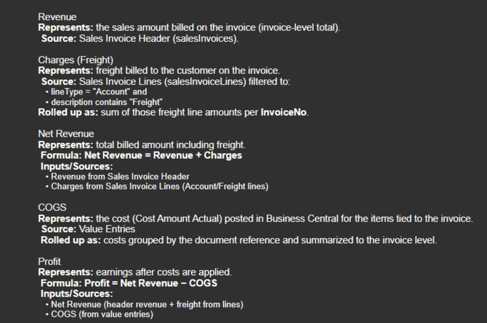 Profit logic legend (Revenue, Charges, Net Revenue, COGS, Profit)
